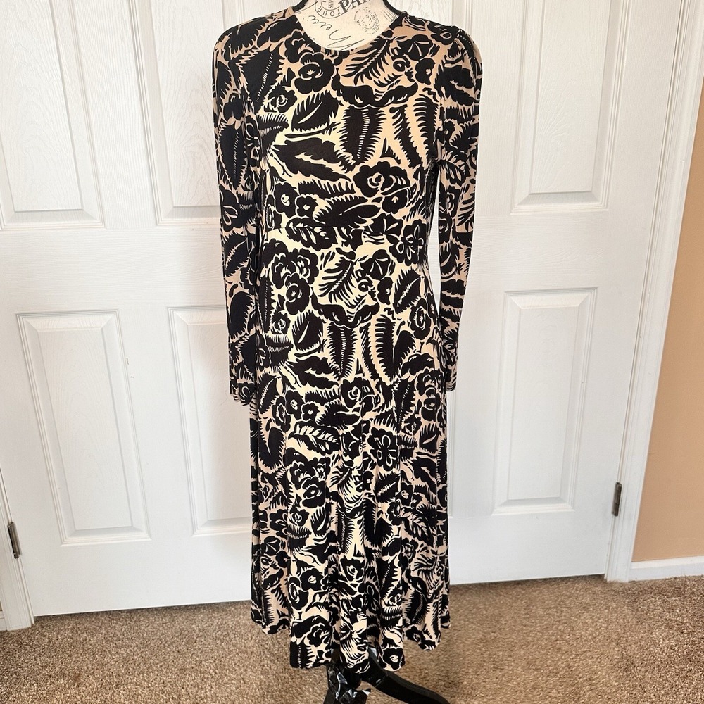 BODEN Crew Neck Jersey Knit Midi Dress Floral Abstract Garden Black Tan Size 8 P - Picture 6 of 16